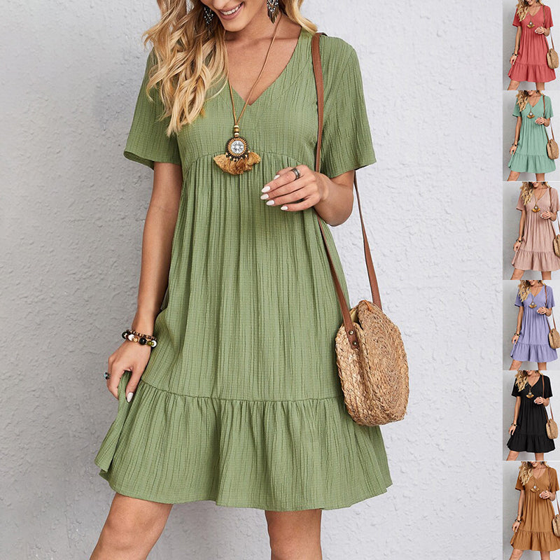 Elegantes gerafftes Midikleid – V-Ausschnitt Kurzarm-Sommermode
