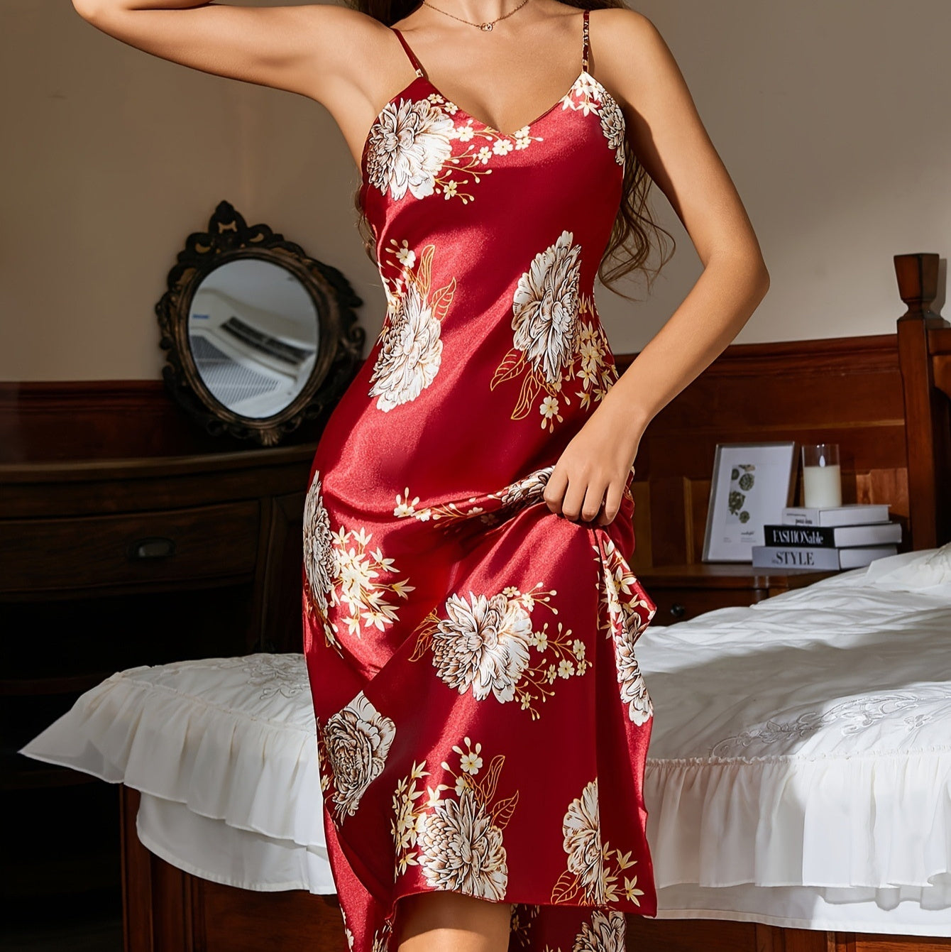 Women's Floral Maxi Slip Dress, Sleeveless V-Neck