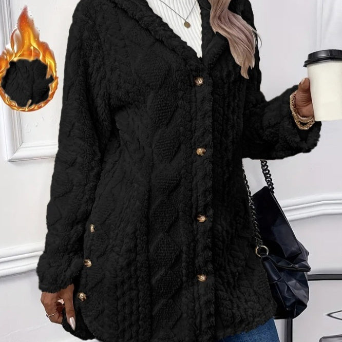Kapuzenstrickjacke mit Knöpfen, langer Jacke, Winter, einfarbig, Langarmmantel