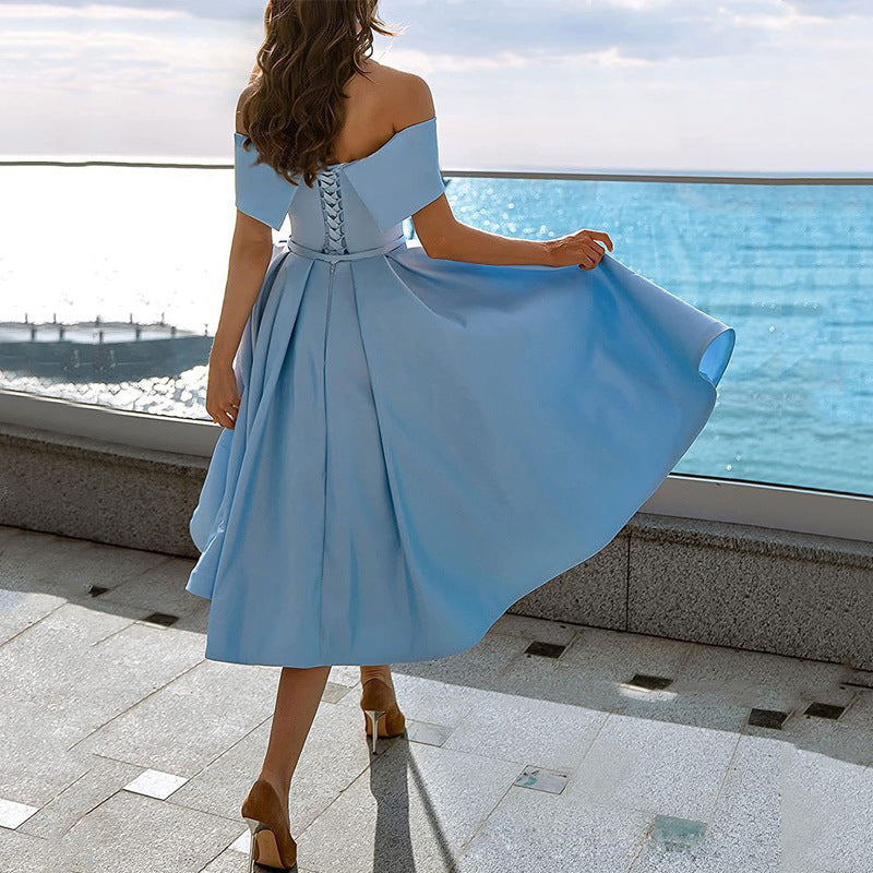 Elegant Satin Strapless Dress – Women’s Off-Shoulder Tea-Length Evening Outfit with Pockets