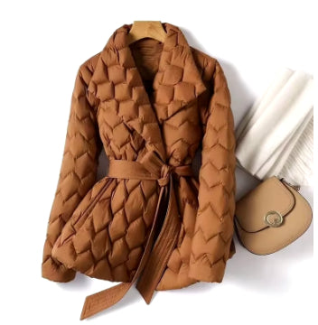 Winterjacke mit Wellenstich-Muster, Gürtel, modischen warmen Taschen, Reverskragen, Damen Temperament Leichte Oberbekleidung Kleidung