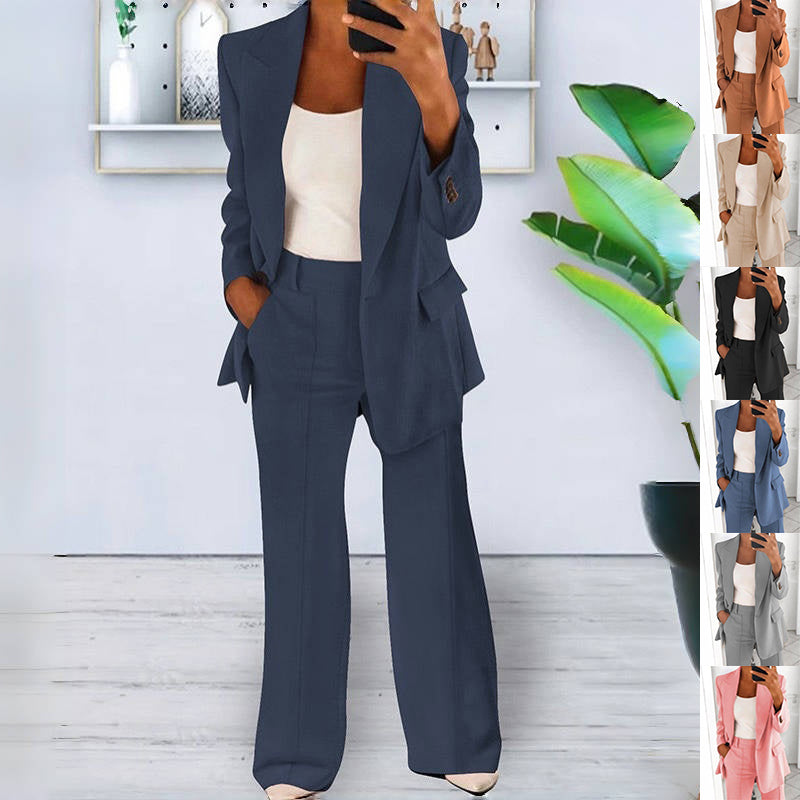 Trendy Women’s Workwear – Casual Long Sleeve Blazer Jacket with Slim Fit Trousers