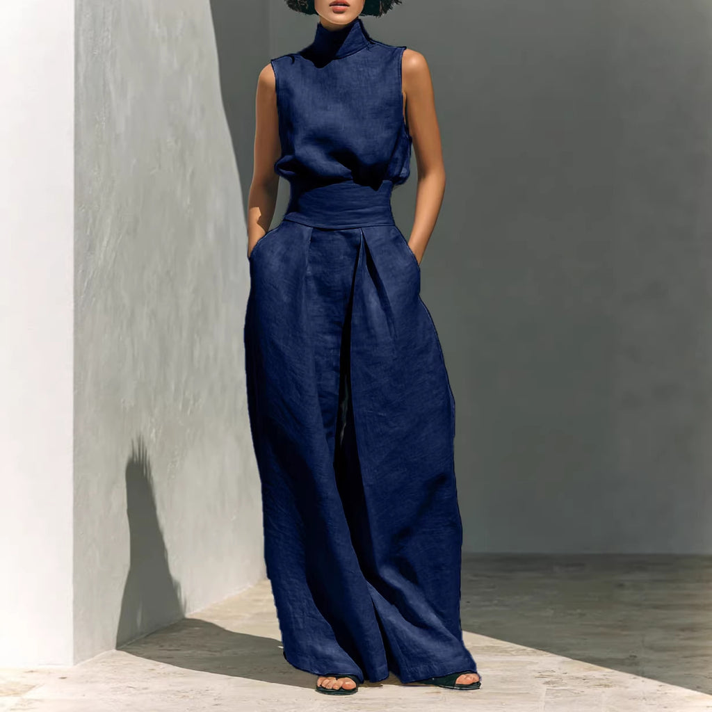 Elegant Women’s Co-ord Set – Sleeveless Stand-Up Collar Top & Loose Trousers