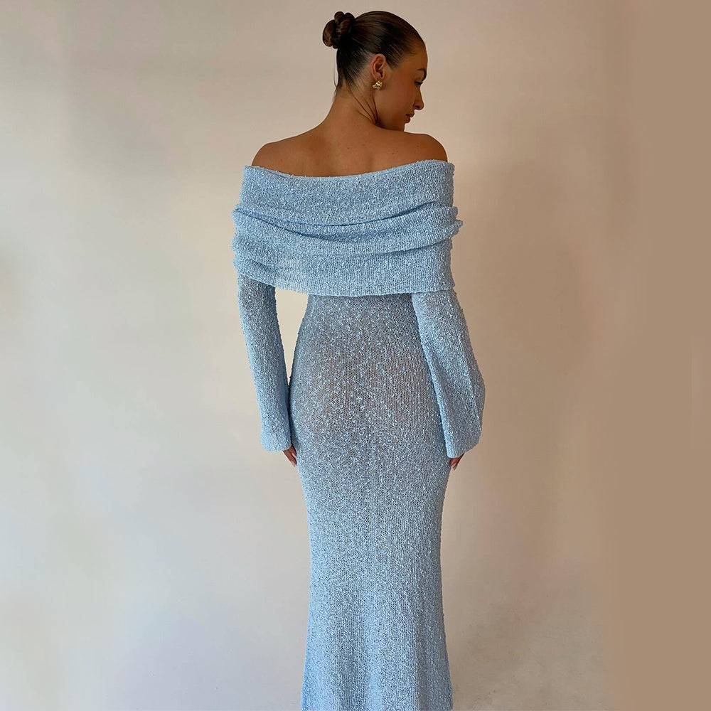 Stylisches Abendkleid – Figurbetont, gestrickt, schulterfrei, lang, modisch