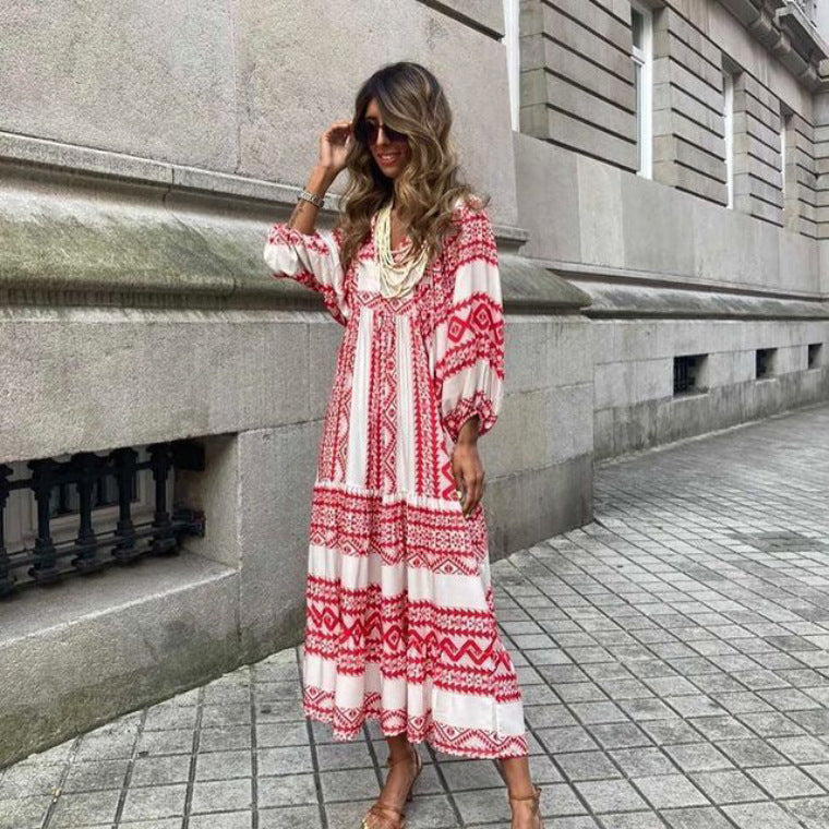 Vintage Bohemian Maxi Dress – Elegant V-Neck Short Sleeve Summer Outfit