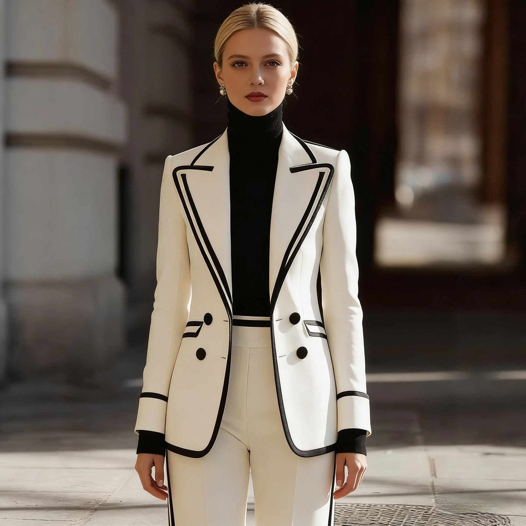 “Stylish Long Sleeve Blazer Suit – Double-Breasted Jacket with Casual Pants