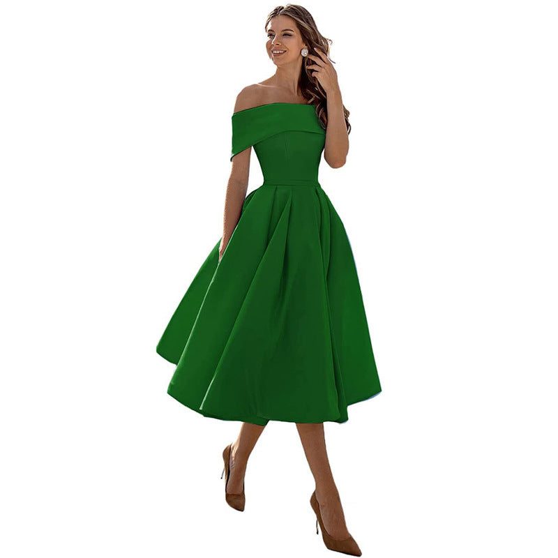 Elegant Satin Strapless Dress – Women’s Off-Shoulder Tea-Length Evening Outfit with Pockets