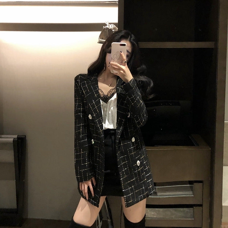 Kim Jennie Look Inspired Small Sweet Milk Plaid Suit Double-breasted Jacket