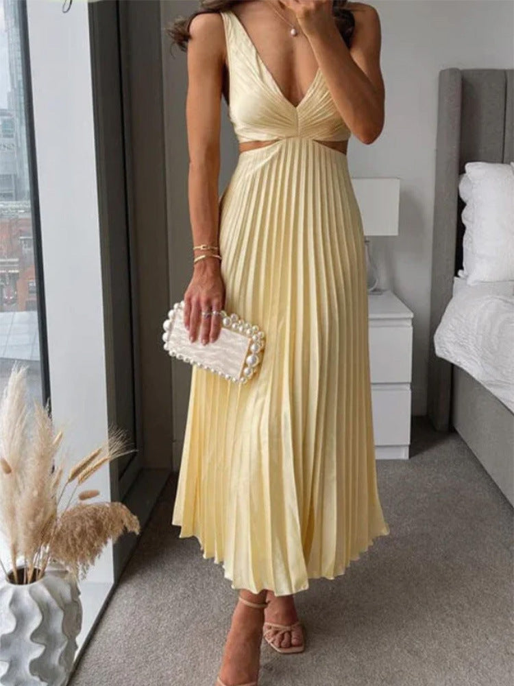 Elegant Pleated Long Dress – Hollow Waist V-Neck Backless Suspender Style
