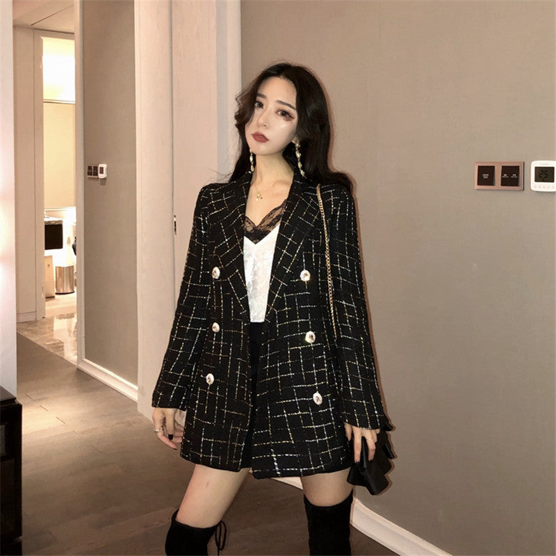 Kim Jennie Look Inspiriert Kleiner Süßer Milch-Karoanzug Zweireiher-Jacke