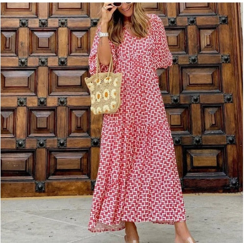 Vintage Bohemian Maxi Dress – Elegant V-Neck Short Sleeve Summer Outfit
