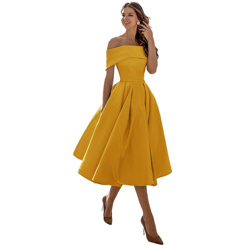 Elegant Satin Strapless Dress – Women’s Off-Shoulder Tea-Length Evening Outfit with Pockets