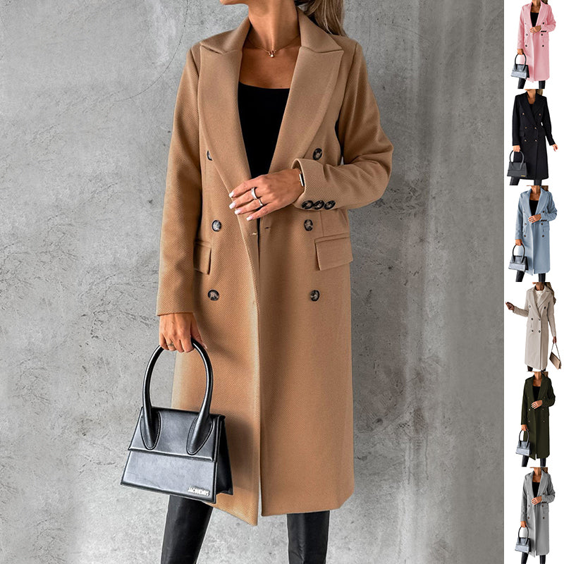 Trendy Women’s Fashion Coat – Solid Slim Double-Breasted Lapel Jacket