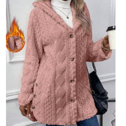 Kapuzenstrickjacke mit Knöpfen, langer Jacke, Winter, einfarbig, Langarmmantel