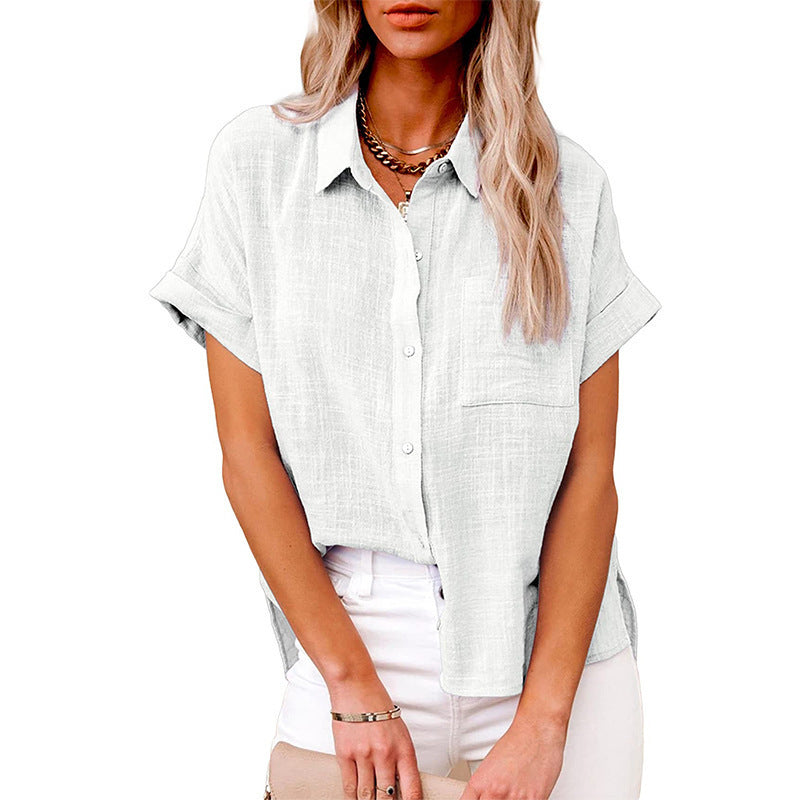 Women’s Summer Lapel Shirt – Solid Color Short Sleeve Button Top with Pockets