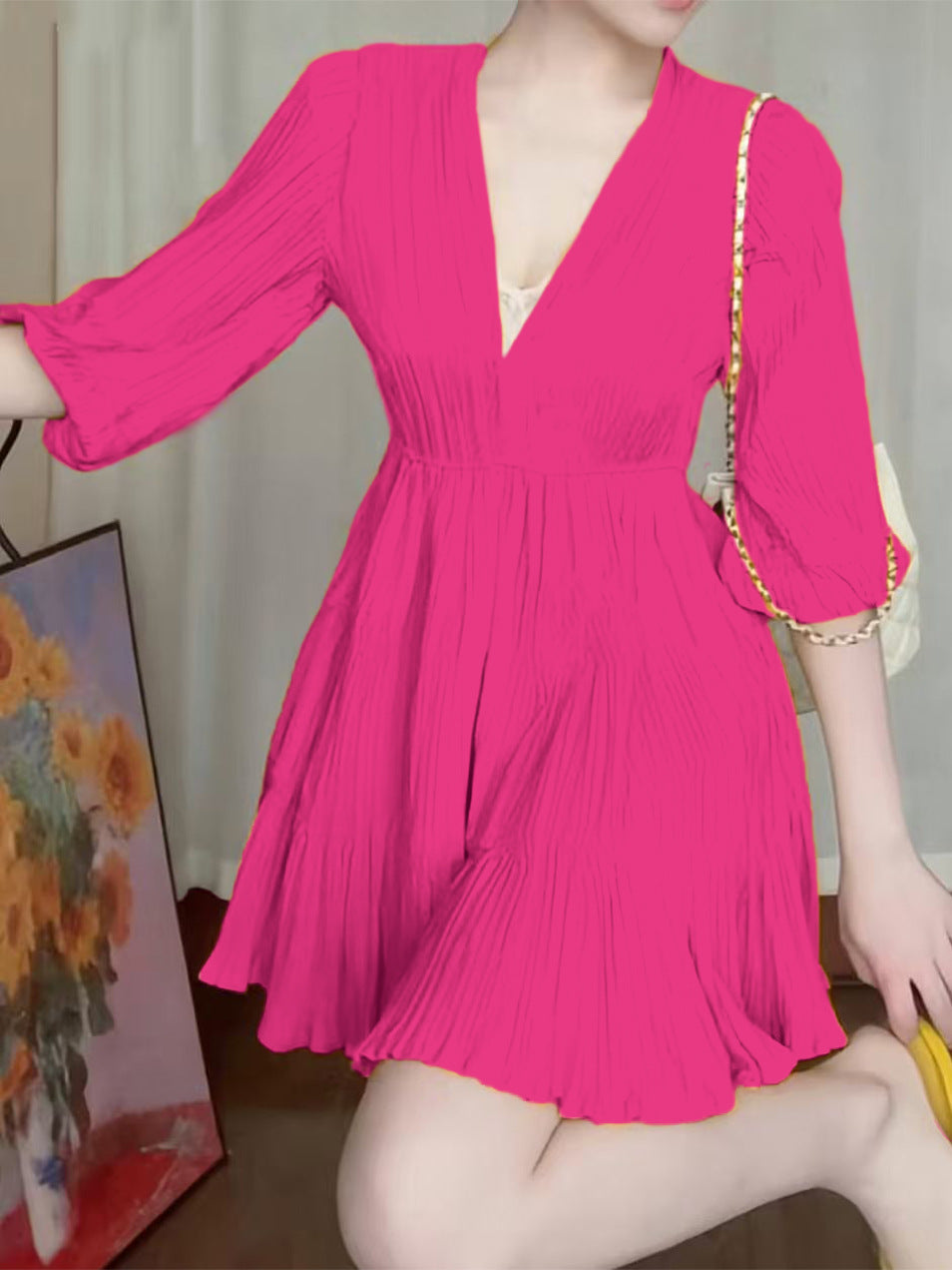 A-line V-neck Mini Dress with Lantern Sleeves