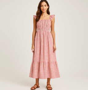 Women’s Summer Plaid Dress – Sleeveless A-Line Pleated Ruffle Beach Outfit