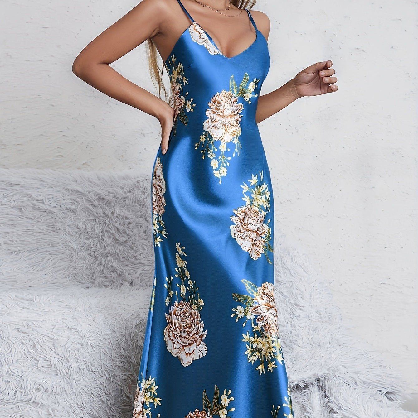 Women's Floral Maxi Slip Dress, Sleeveless V-Neck