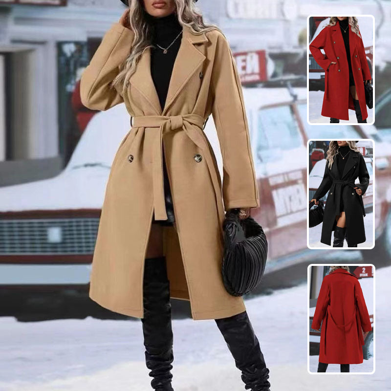 Revers-Zweireiher-Trenchcoat mit Gürtel Wintermode Einfarbig Lange Jacke Oberbekleidung Damenbekleidung