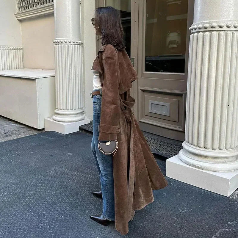 Manteau long à revers croisés avec ceinture, en suède, style vintage, vêtements d'extérieur d'hiver pour femmes