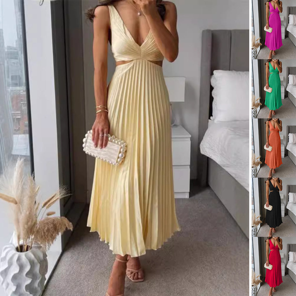 Elegant Pleated Long Dress – Hollow Waist V-Neck Backless Suspender Style