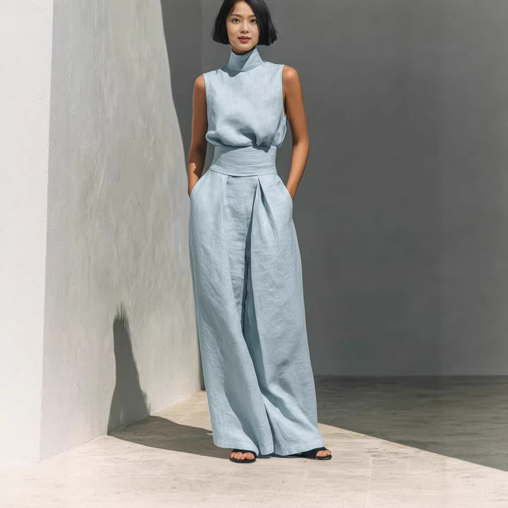 Elegant Women’s Co-ord Set – Sleeveless Stand-Up Collar Top & Loose Trousers