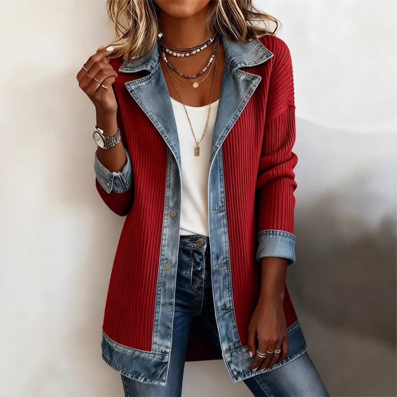 Veste en jean patchwork, style urbain, avec revers et boutons, manches longues, pour femme.