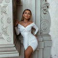 Damen Sexy V-Ausschnitt schulterfreies Langarm-Kleid mit Falten und Rüschen