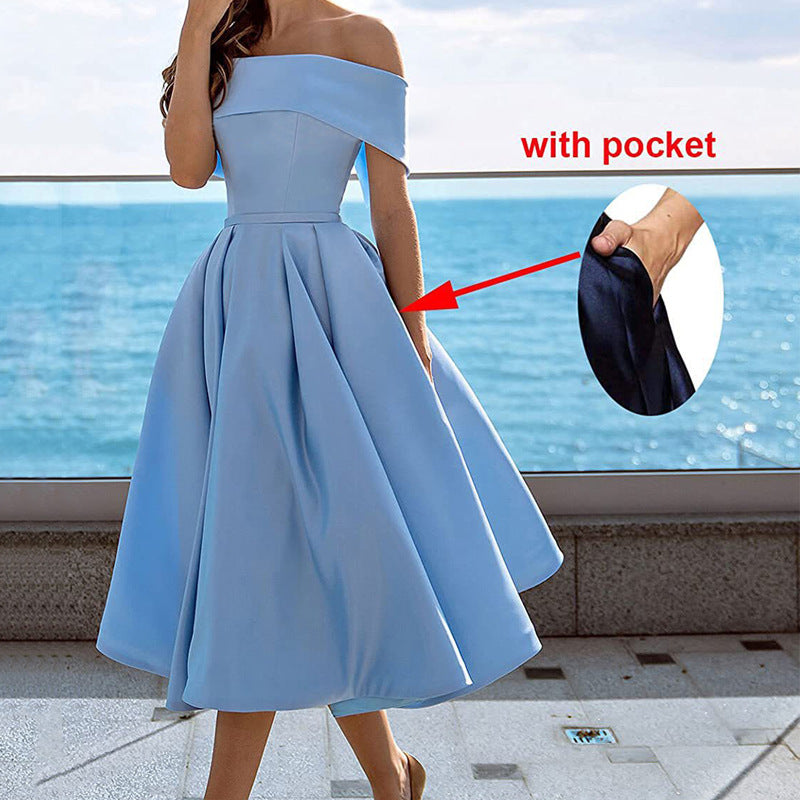 Elegant Satin Strapless Dress – Women’s Off-Shoulder Tea-Length Evening Outfit with Pockets