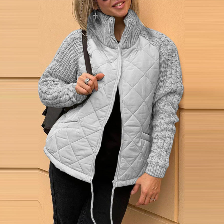 Winter Stehkragen Baumwolljacke mit Taschen Mode Gestrickte Nähte Reißverschluss Mantel Warme Oberteile für Damen Kleidung