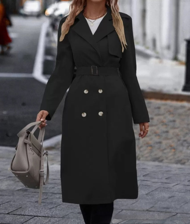 Revers-Zweireiher-Trenchcoat mit Gürtel Wintermode Einfarbig Lange Jacke Oberbekleidung Damenbekleidung