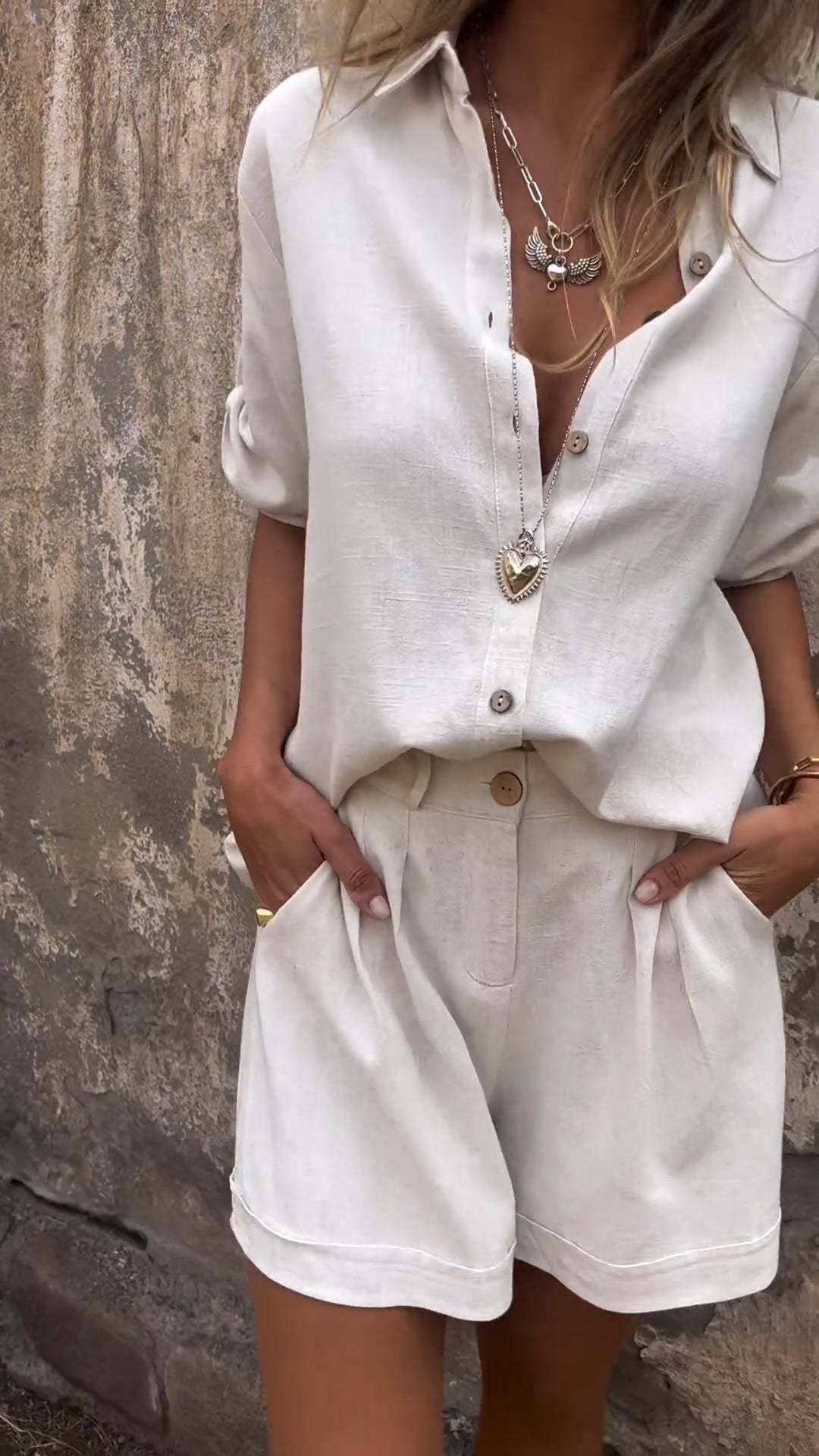 Women’s Summer Two-Piece Suit – Lapel Short Sleeve Button Shirt with Pocket Shorts