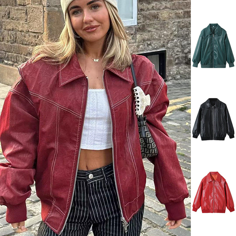 Lockere Mode Revers Jacke Reißverschluss Coole Langarm Reißverschluss Moto Biker Lederjacke Damenbekleidung