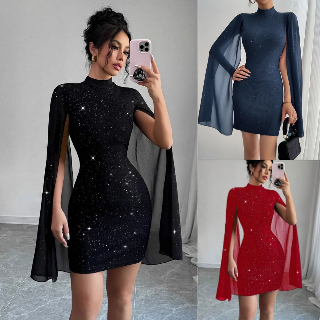 „Formelles Clubparty-Kleid – Rundhals, Pailletten, Perlen, Capesärmel, schmale Passform“