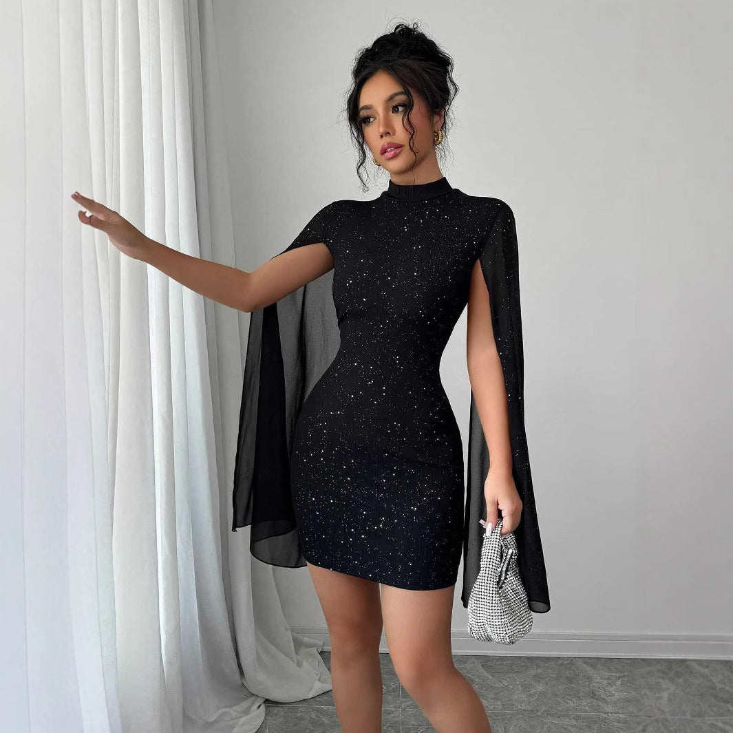 „Formelles Clubparty-Kleid – Rundhals, Pailletten, Perlen, Capesärmel, schmale Passform“