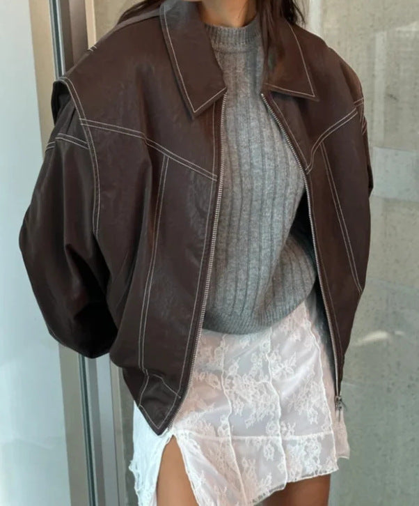 Lockere Mode Revers Jacke Reißverschluss Coole Langarm Reißverschluss Moto Biker Lederjacke Damenbekleidung