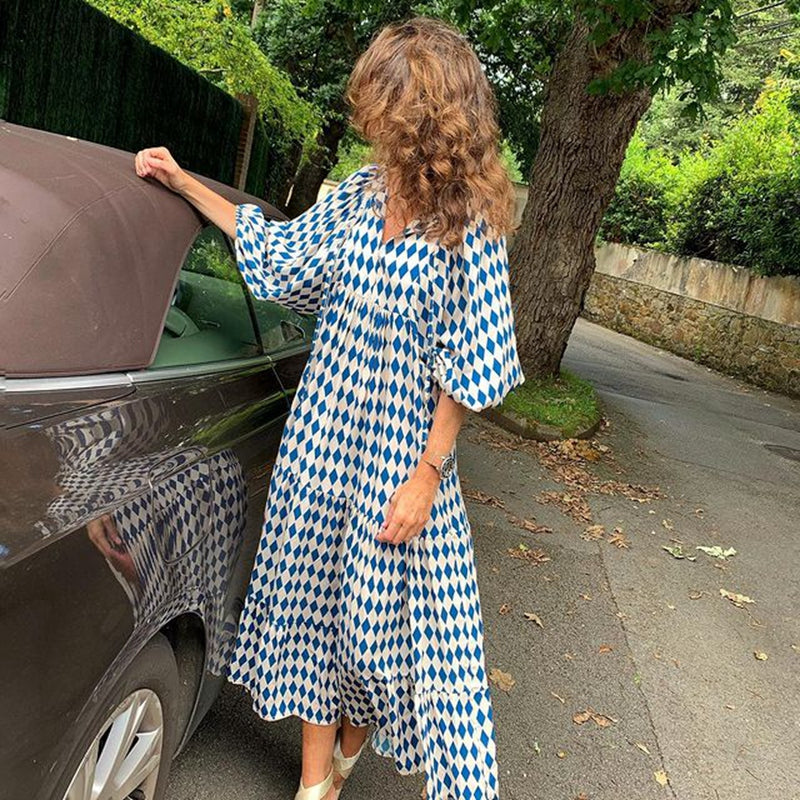 Vintage Bohemian Maxi Dress – Elegant V-Neck Short Sleeve Summer Outfit