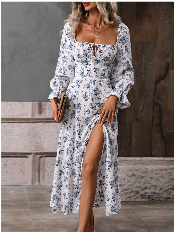 Women’s Summer Floral Dress – Square-Neck Long Sleeve Slit Outfit