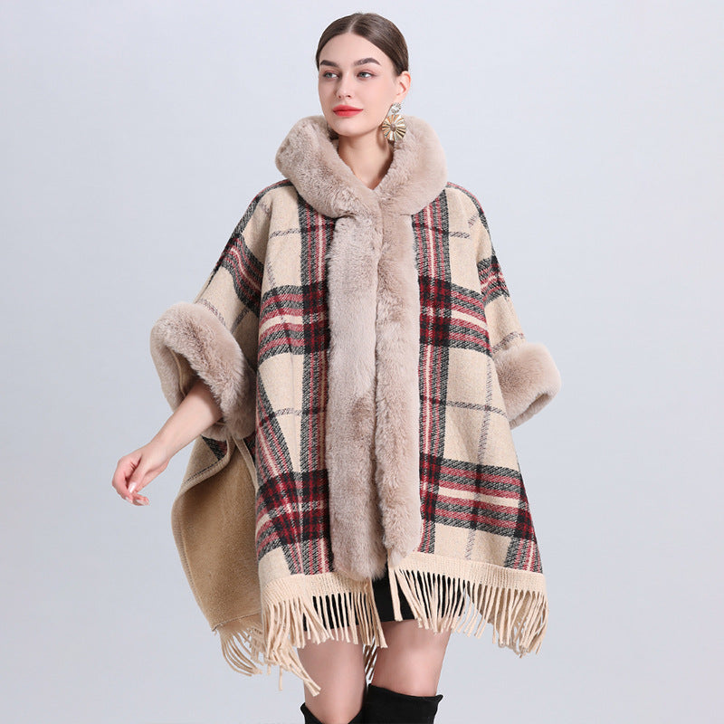 Lockerer Plaid Plus Kaschmir Pelzkragen Gestrickter Inverness