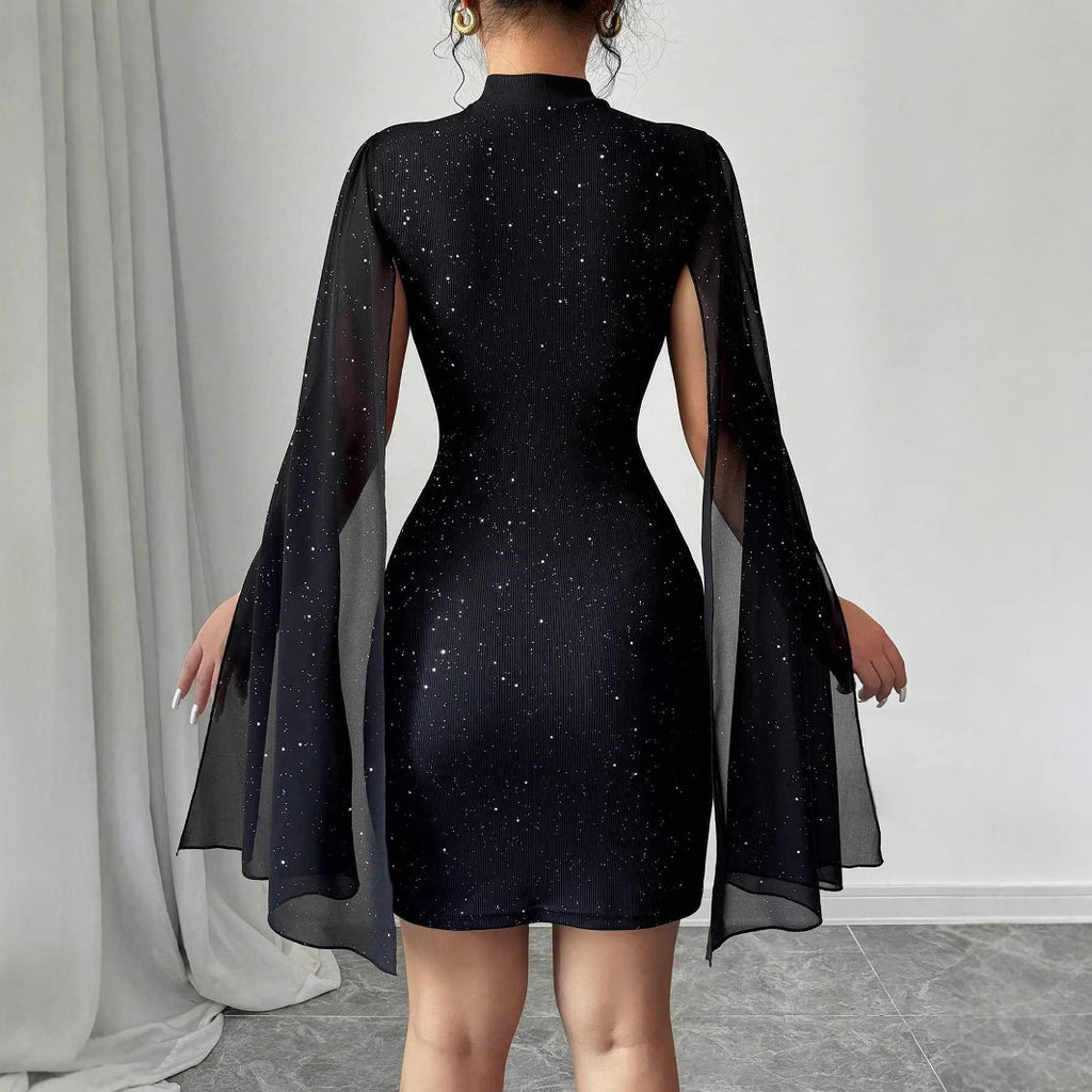 „Formelles Clubparty-Kleid – Rundhals, Pailletten, Perlen, Capesärmel, schmale Passform“