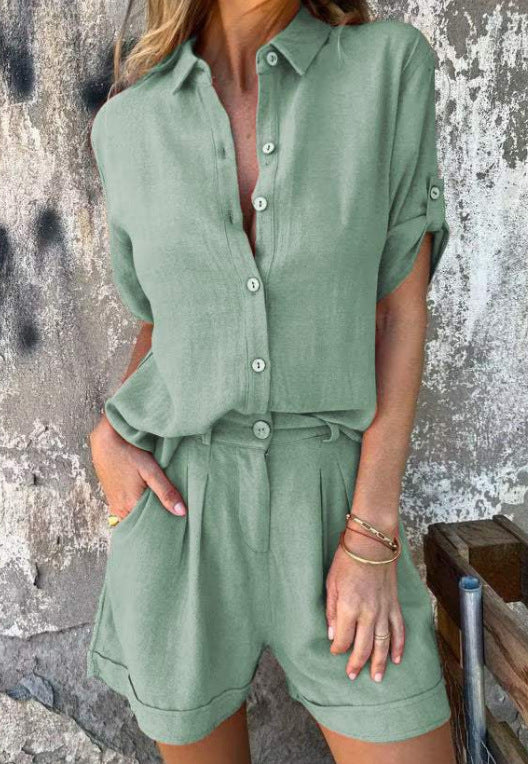 Women’s Summer Two-Piece Suit – Lapel Short Sleeve Button Shirt with Pocket Shorts