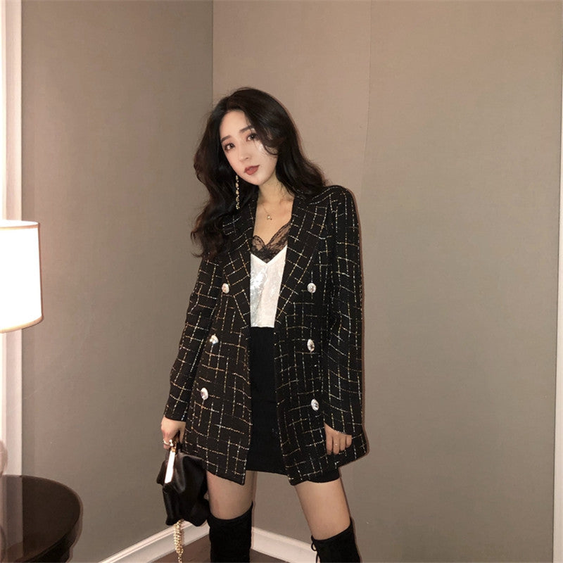 Kim Jennie Look Inspiriert Kleiner Süßer Milch-Karoanzug Zweireiher-Jacke