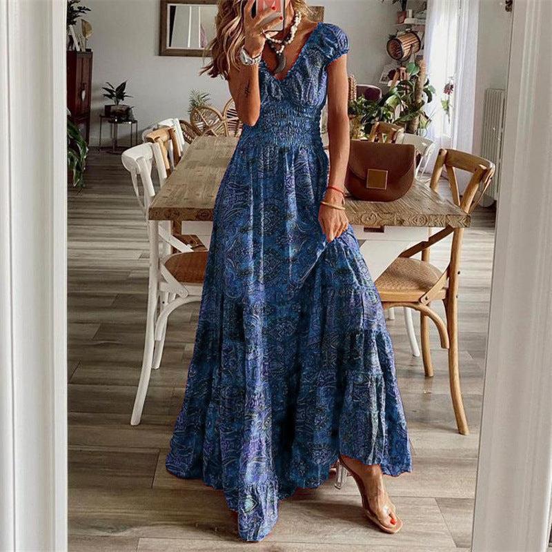 Women’s Summer Floral Midi Dress – Waist-Cinching Elegant A-Line Outfit