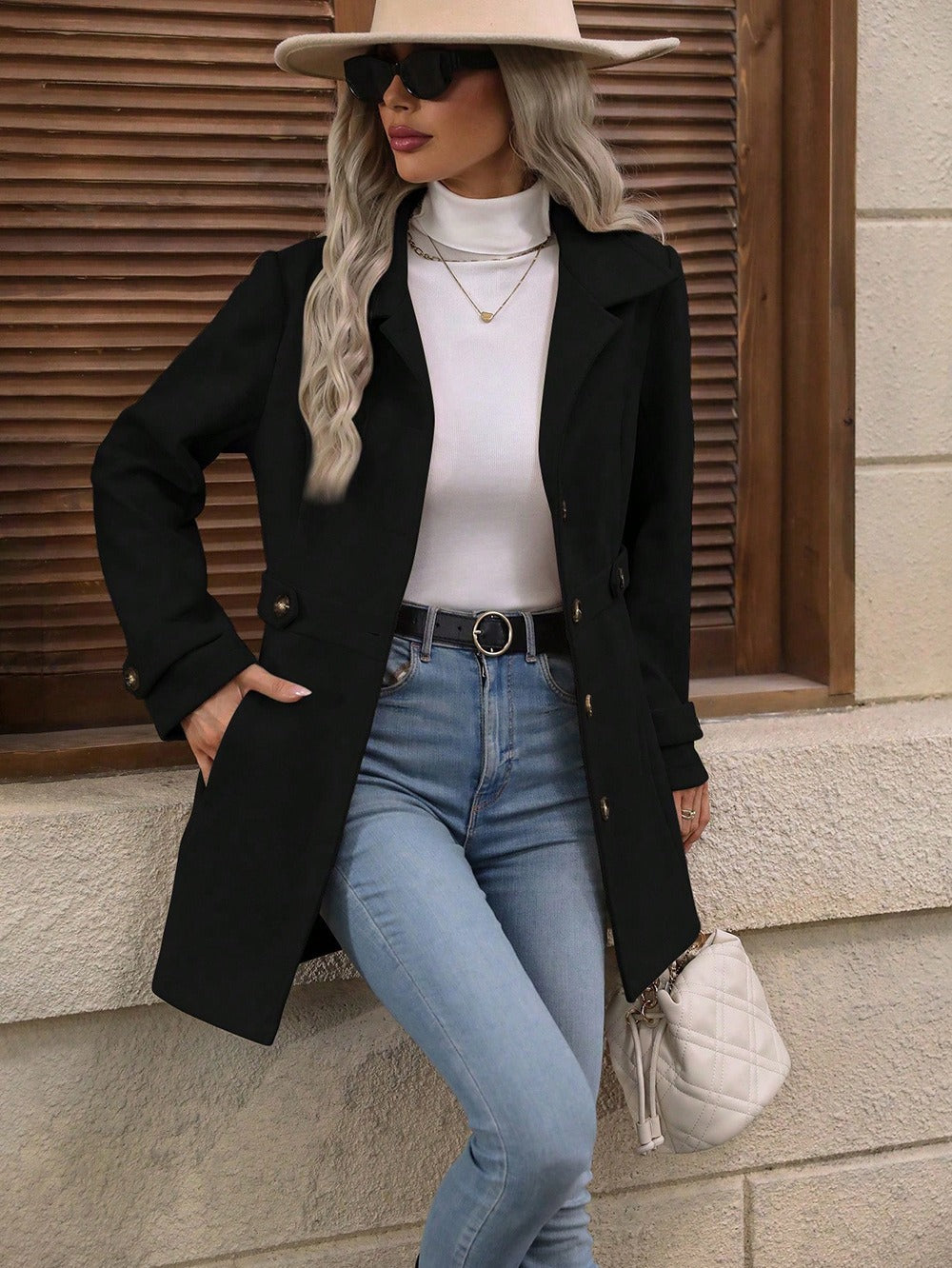 Eleganter Einreihiger Wollmantel mit Knöpfen, Revers, Mittellanger Jacke, Temperament, Pendler-Oberbekleidung für Damen