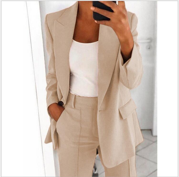 Trendy Women’s Workwear – Casual Long Sleeve Blazer Jacket with Slim Fit Trousers