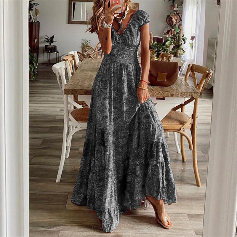 Women’s Summer Floral Midi Dress – Waist-Cinching Elegant A-Line Outfit