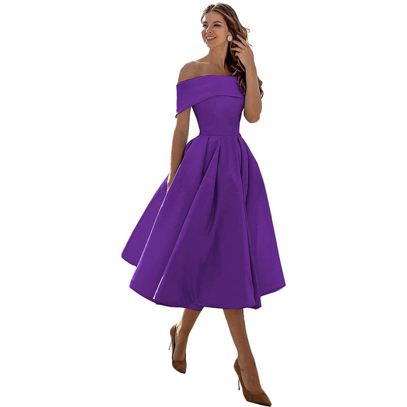 Elegant Satin Strapless Dress – Women’s Off-Shoulder Tea-Length Evening Outfit with Pockets