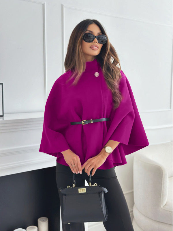 Women’s Woolen Cloak Jacket – Stand Collar Batwing Sleeve Belted Sweater Outwear
