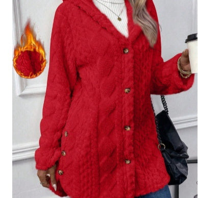 Kapuzenstrickjacke mit Knöpfen, langer Jacke, Winter, einfarbig, Langarmmantel