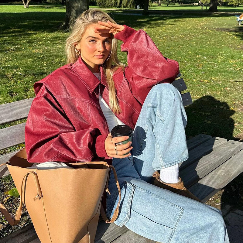 Lockere Mode Revers Jacke Reißverschluss Coole Langarm Reißverschluss Moto Biker Lederjacke Damenbekleidung